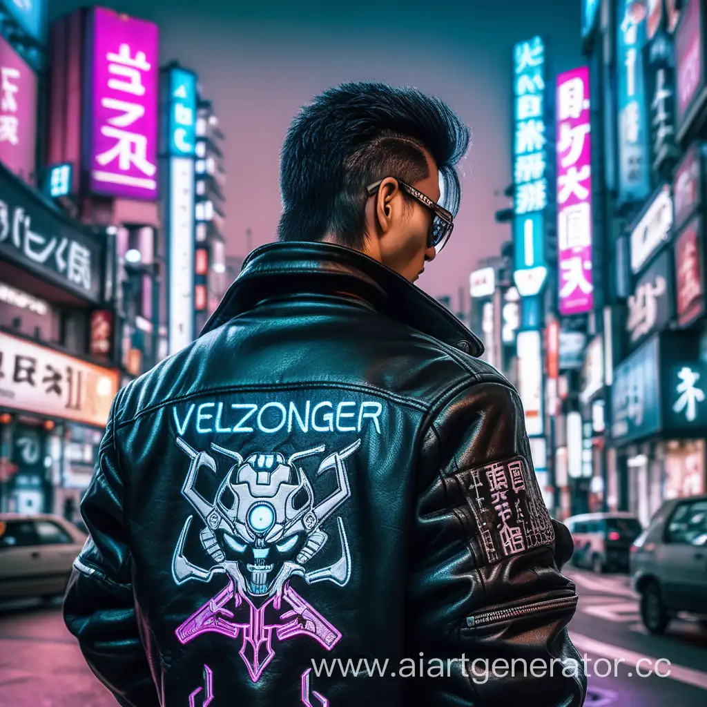 Мужчина в стиле киперпанка, в кожаной куртке с надписью на спине VelZongeR,  на фоне Токио 