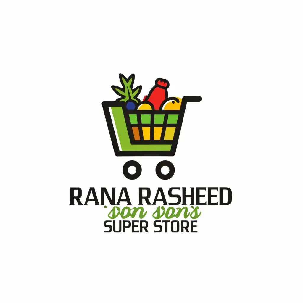 LOGO-Design-for-Rana-Rasheed-Sons-Super-Store-Vibrant-Cart-Emblem-with-Grocery-Items
