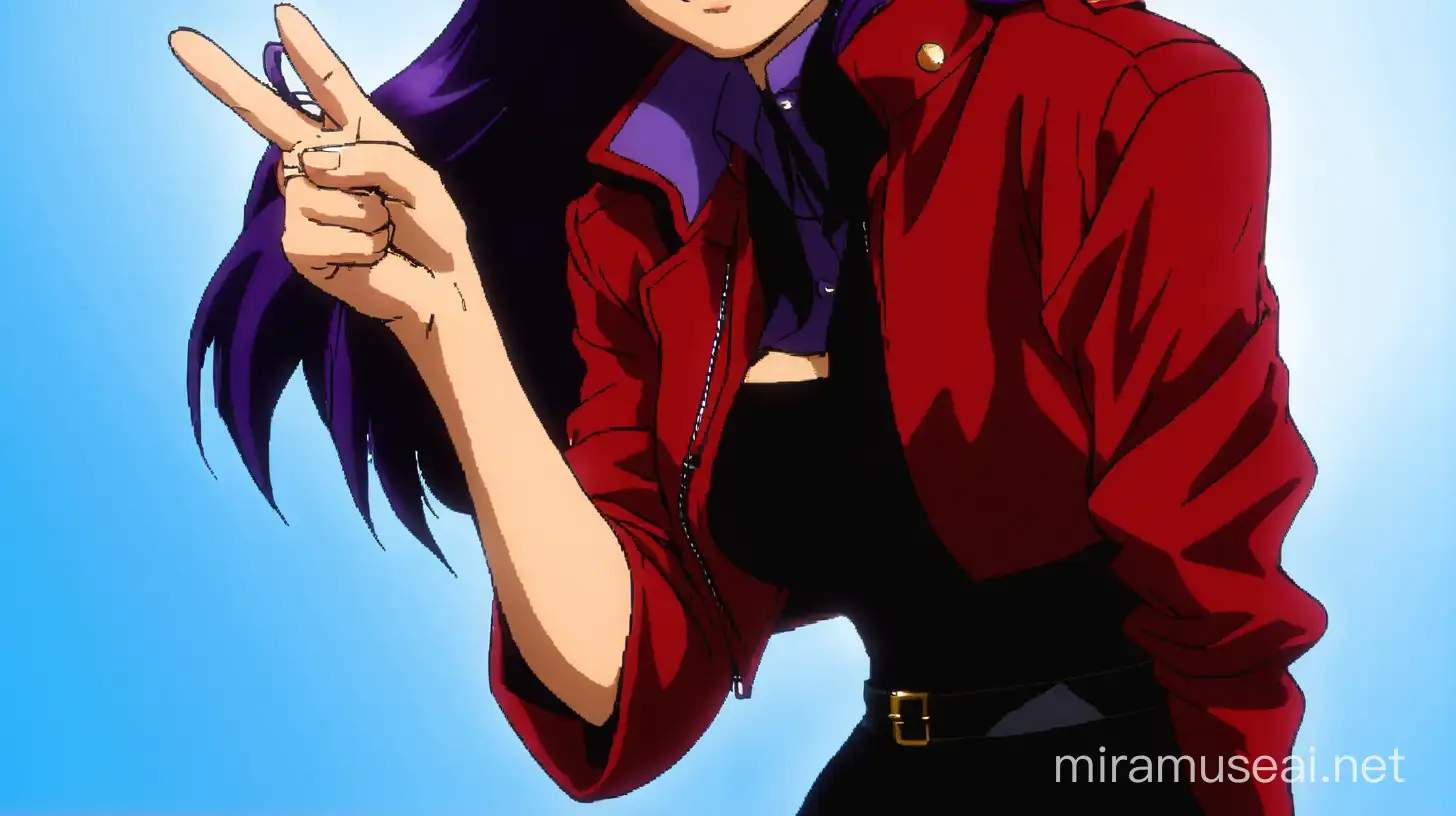 Misato Katsuragi thumbs up, red coat, purple long hair, anime, Evangalion, woman
