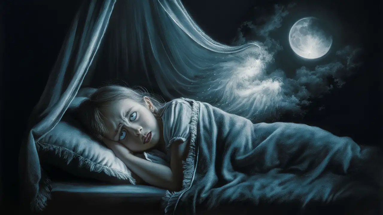 Ethereal Moonlit Night Young Girl Awakens in Fear at 3 AM