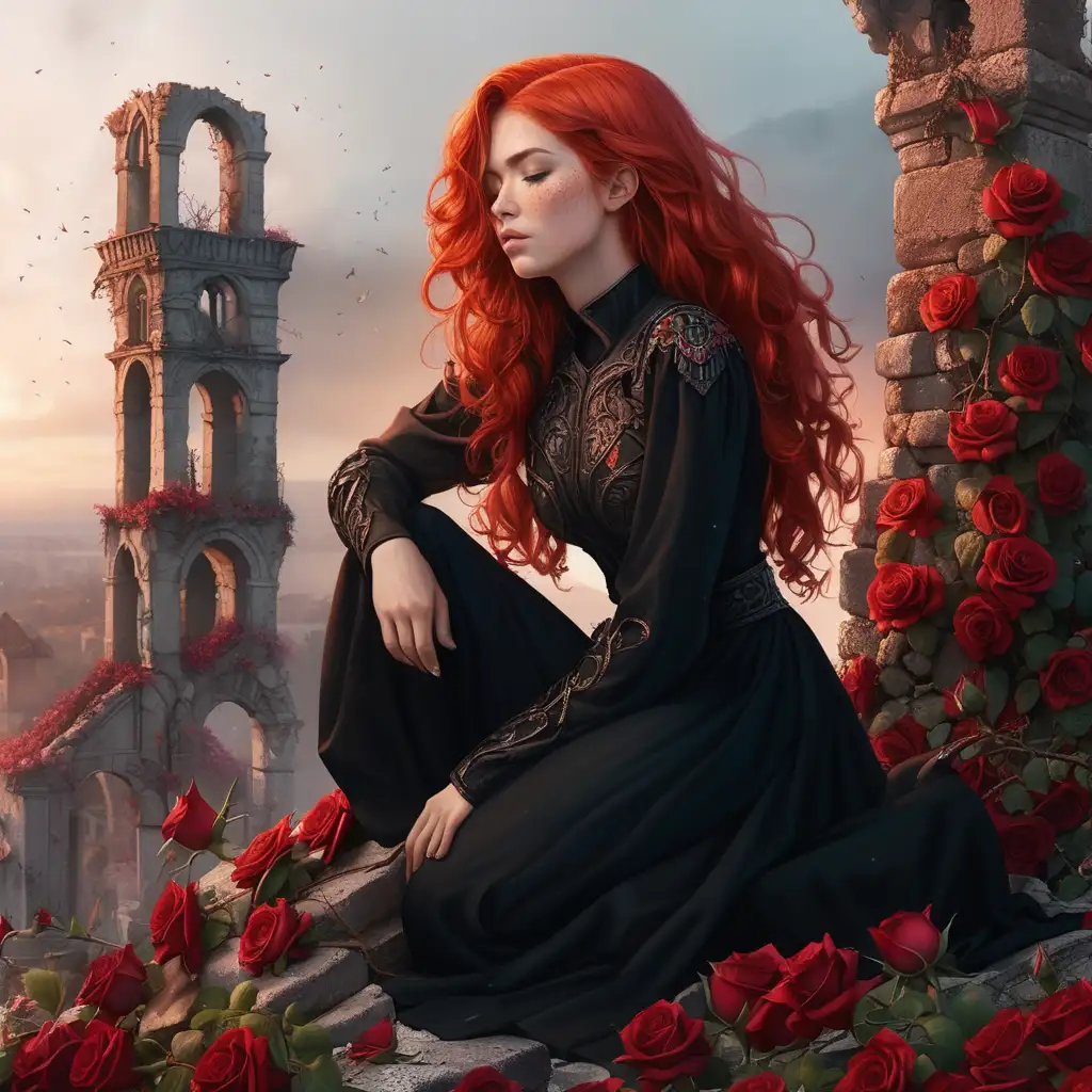Bryce for the crescent city book series, with flaming red hair, dressed in all black; kneeling,  crying atop the ruins of a tower, tangles of blooming vines and roses all around her. 