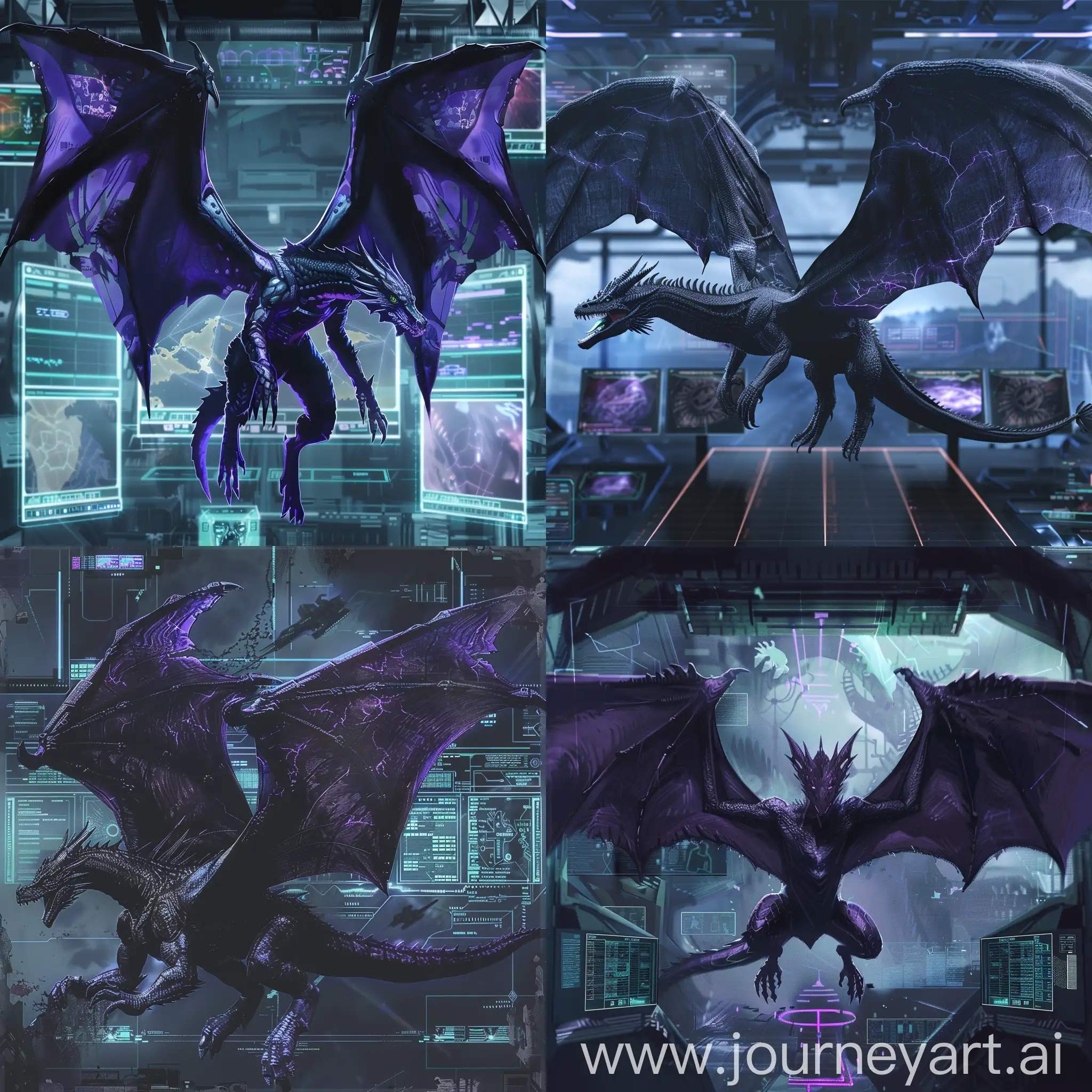 Голотип черно-фиолетового дракона, распростертого на заднем фоне, дракон сильно оттолкнувшего от земли импозантные крылья и замахивающегося вперёд перед фоном, на фоне отчетливо проступают панельные экраны и дисплеи и футуристические элемент