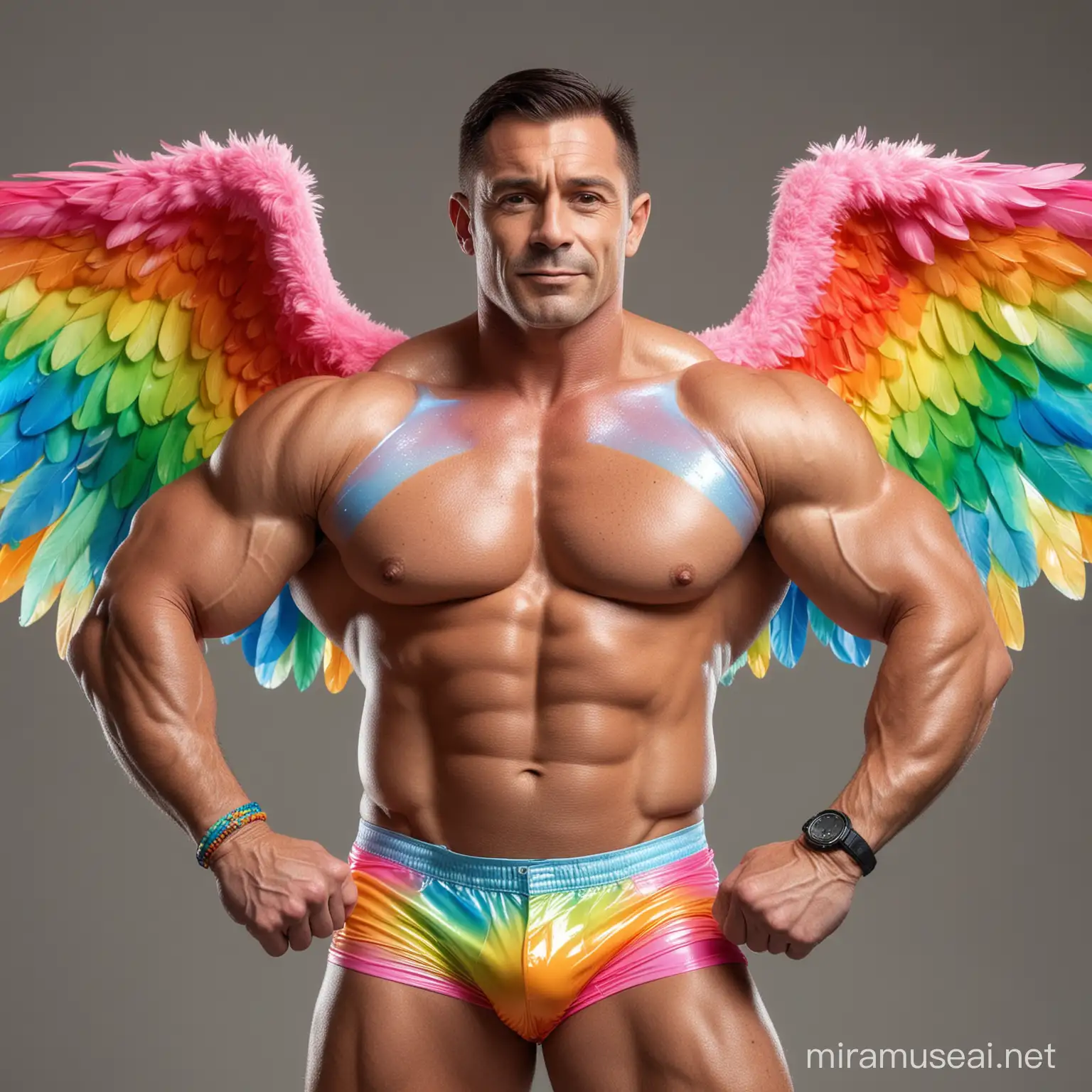 Topless 40s Ultra Beefy IFBB Bodybuilder Man wearing Multi-Highlighter Bright Rainbow Coloured See Through Eagle Wings shoulder Jacket short shorts and Flexing Big Strong Arm with Doraemon