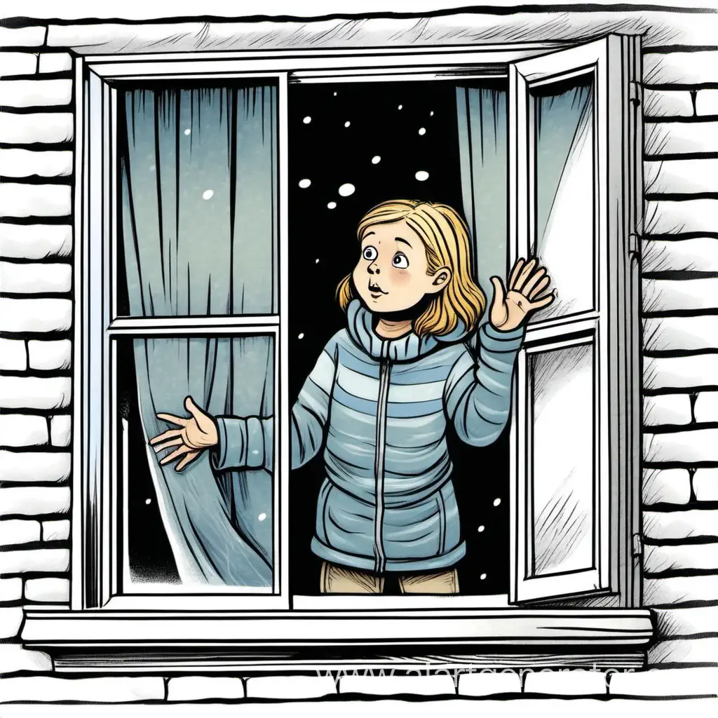 Картинка для детского учебника, на которой мама в домашней одежде просит закрыть окно, потому что ей холодно
