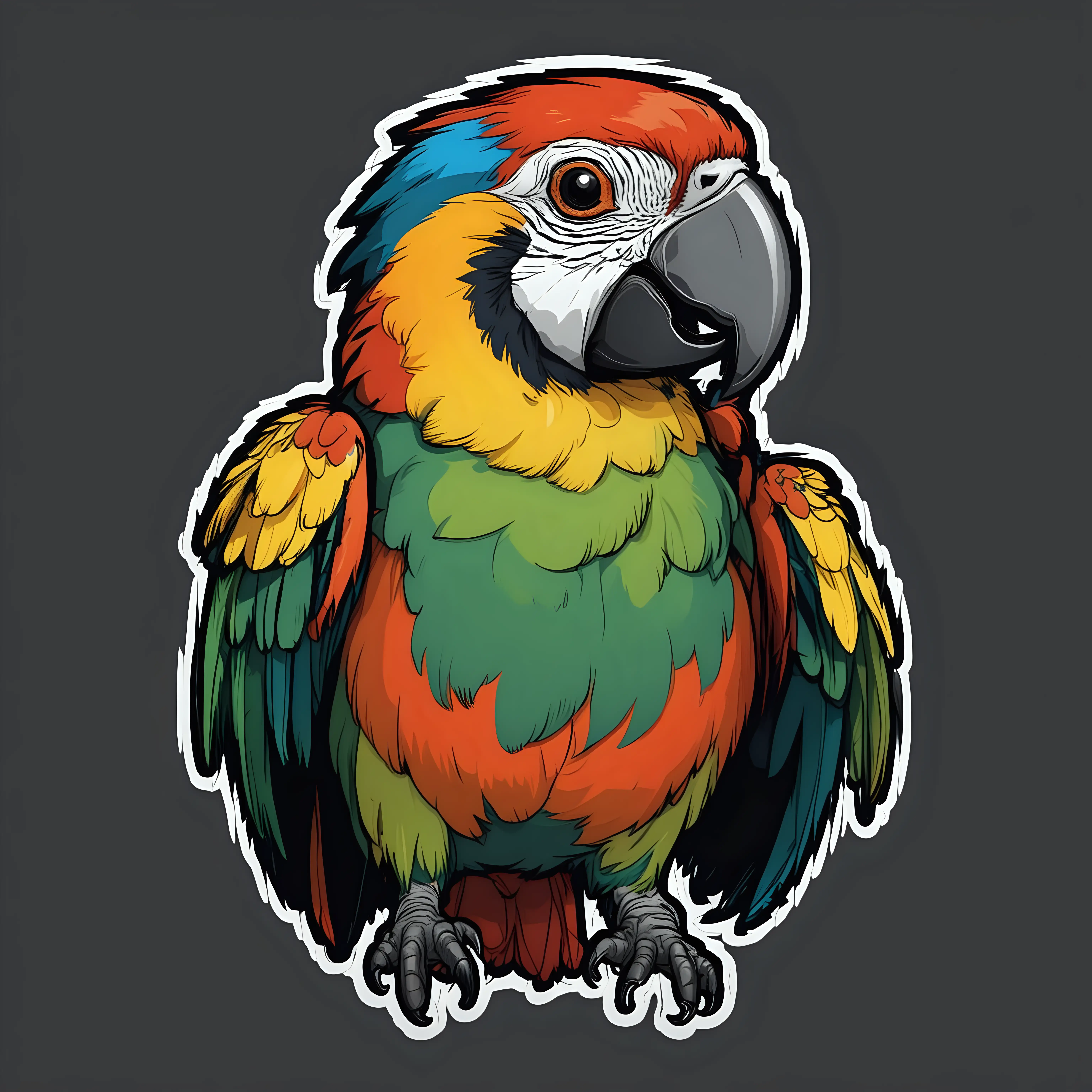 Exaggerated FullBody Parrot Caricature Sticker with Bold Outlines on Black Background
