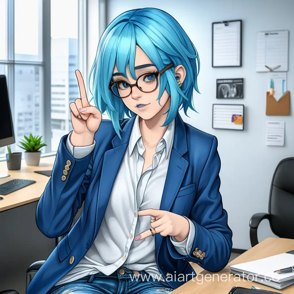 Stylish-Office-Moment-BlueHaired-Girl-Snapping-Fingers-in-Chic-Attire