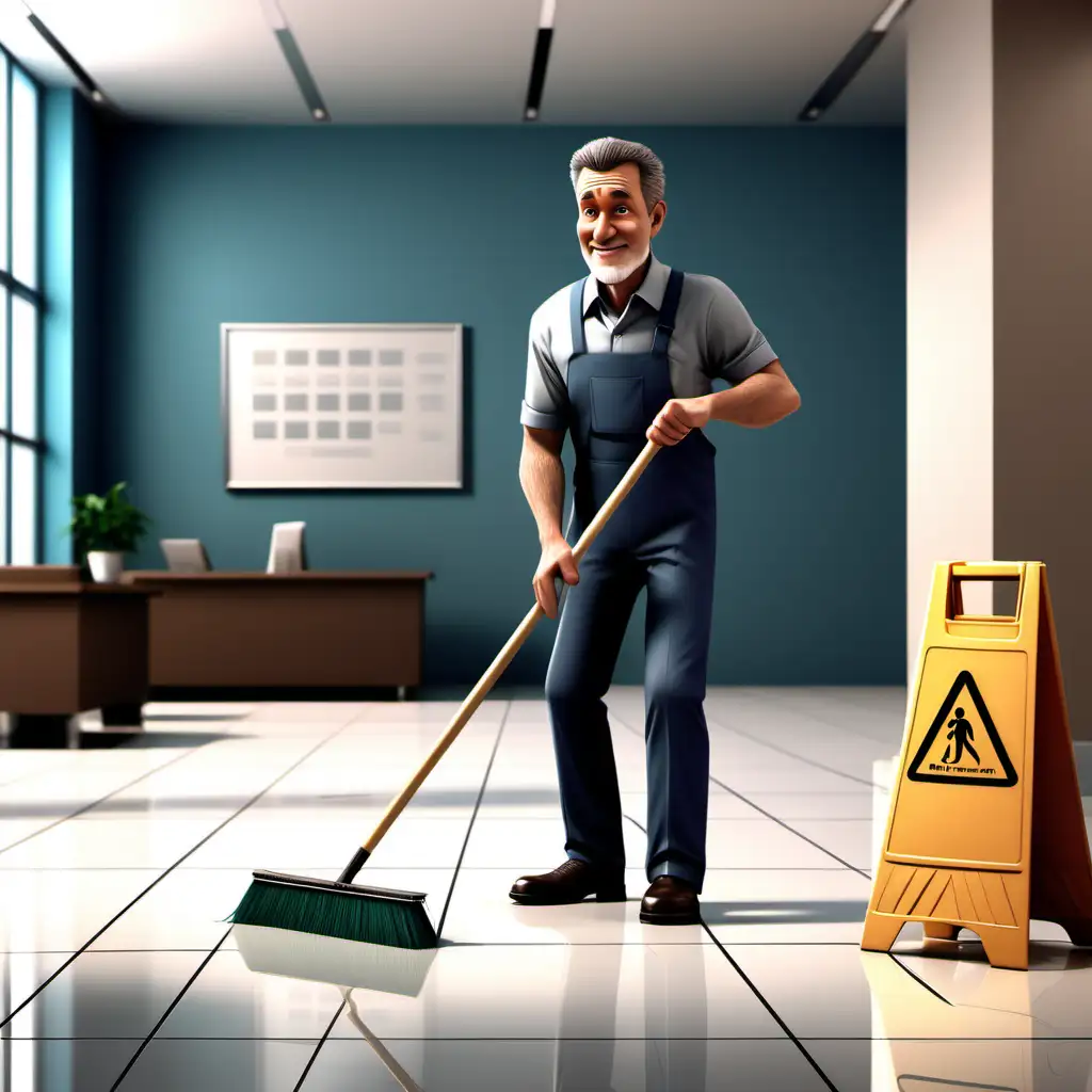 Create a 3D illustrator of an animated scene of a middle aged average looking man sweeping the floor in the lobby of a company. Beautiful spirited background illustrations.