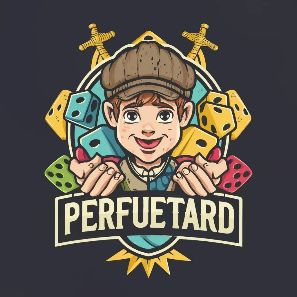 logo, boy with an old  cap and dices in his hands, with the text "Perfuetard", typography, be used in Entertainment industry