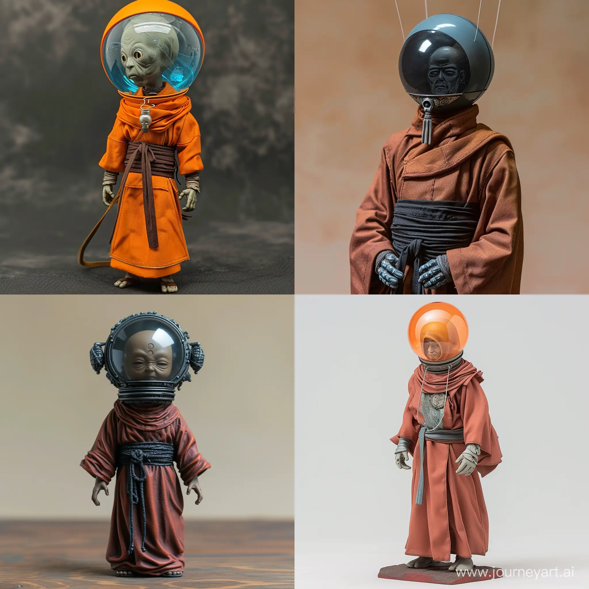 figure in a monk clothes with a allien cosmic plastic baloon helmet