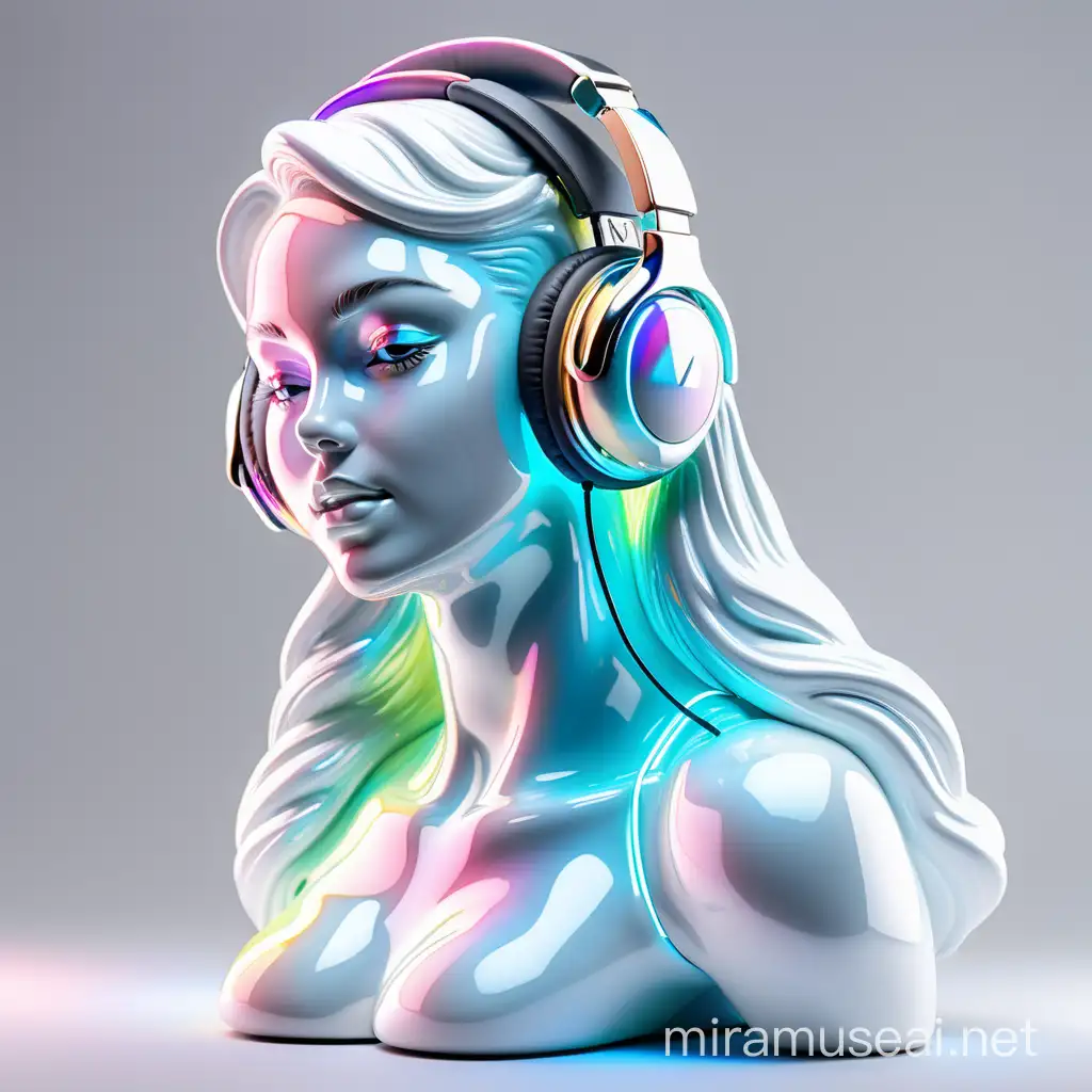 Produce a white shiny iridescent neon colored porcelain figure of a beautiful curvy feminine woman
Strong expression dynamic
She is wearing headphones
portrait
Totally White background