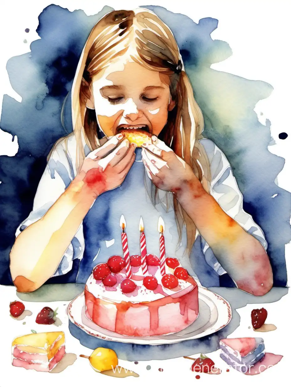 девушка есть торт руками, акварель, цветное изображение на белом фоне