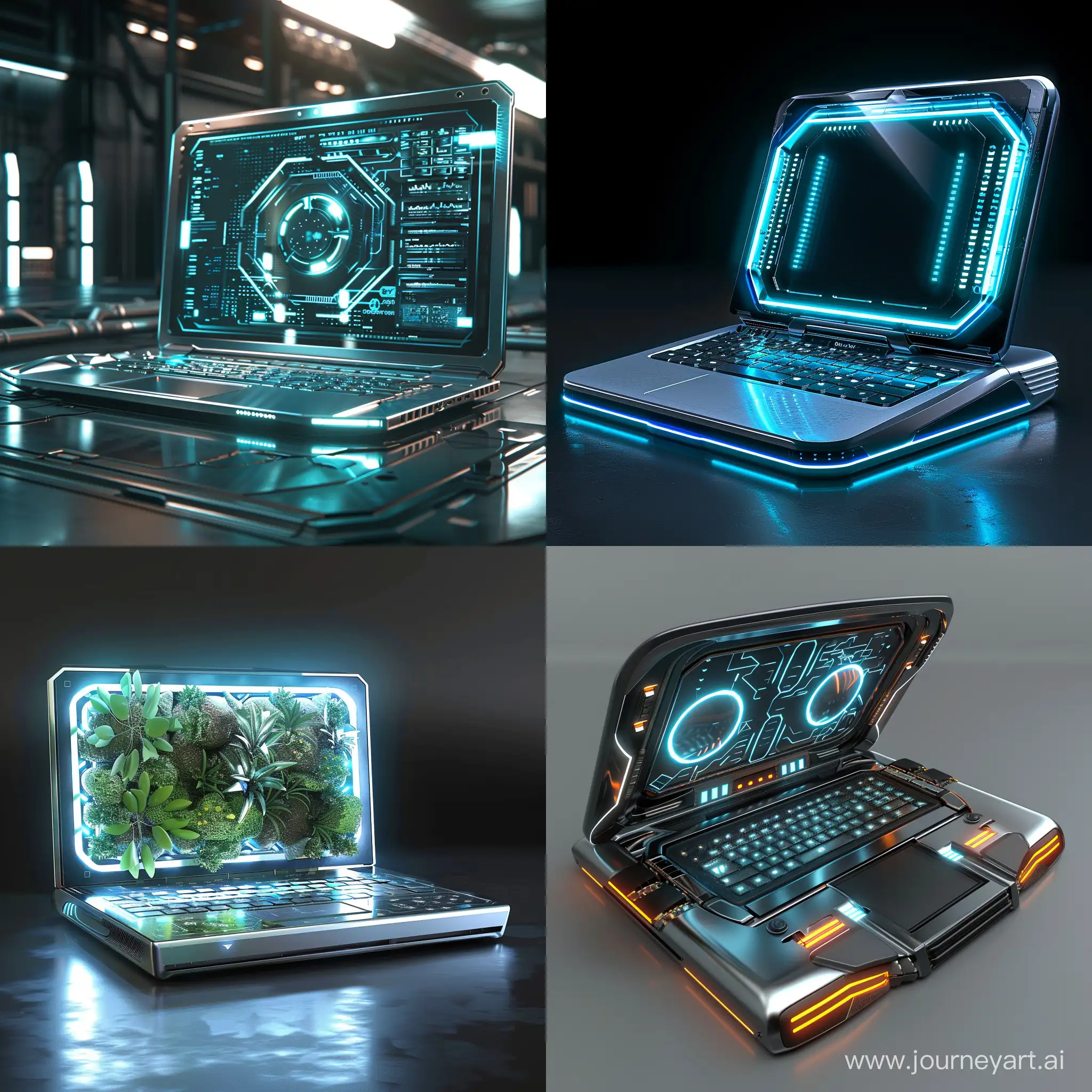 Futuristic laptop, world of high tech, recyclable materials, octane render