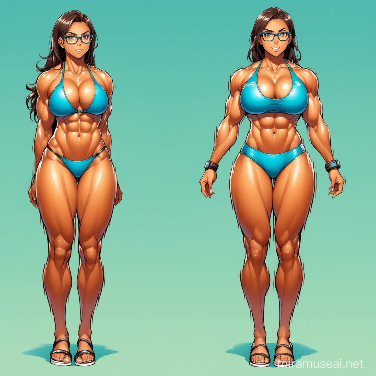 Female, glasses,athletic, muscular,full body tan,full body oil, large bust,bikini swim shorts