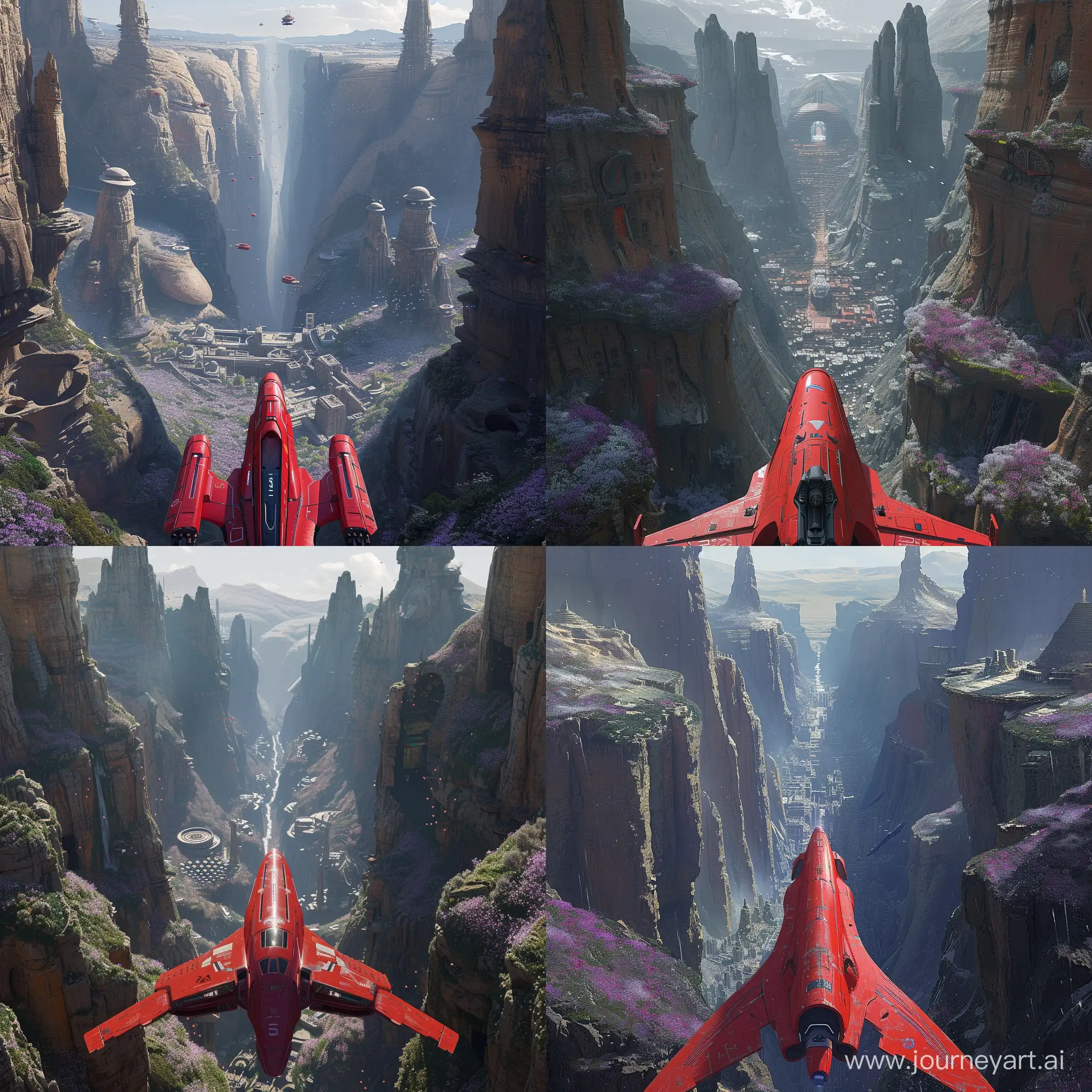 The red spaceship stands with its back to the observer in the lower center of the picture. A huge and deep gorge in front of the observer. To the left and right are high round mountains, sharp at the top, perfectly smooth at the bottom. There are lots of purple and white tiny flowers. several ancient buildings stand on the slopes of the gorge