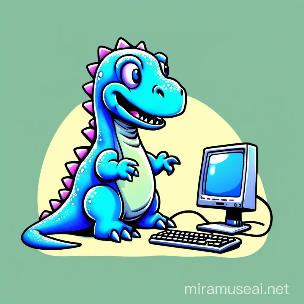Cartoonish Blue Dinosaur Programming on Vintage Macintosh PC