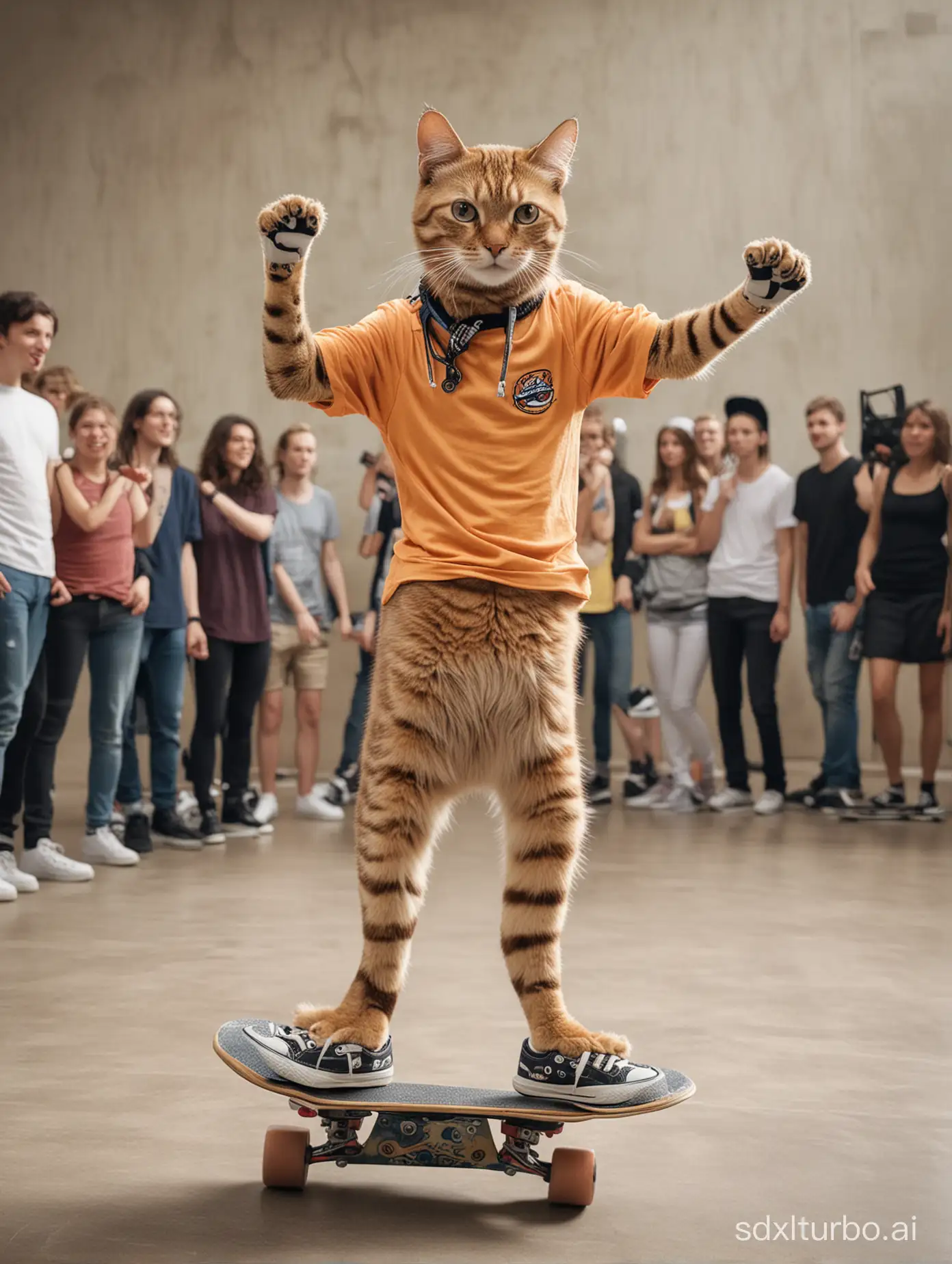 an anthropomorphic cat dressed as an athlete performing extreme tricks in a circle of skateboarders