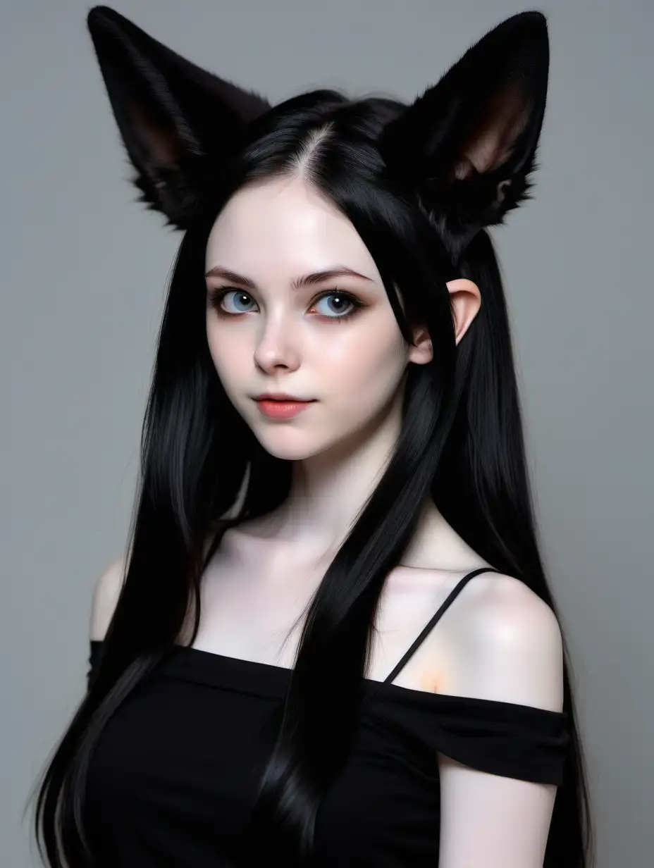 Black fennec Fox ears. Cute girl, young, innocent face. long, straight black hair parted on the middle. Pale skin.
