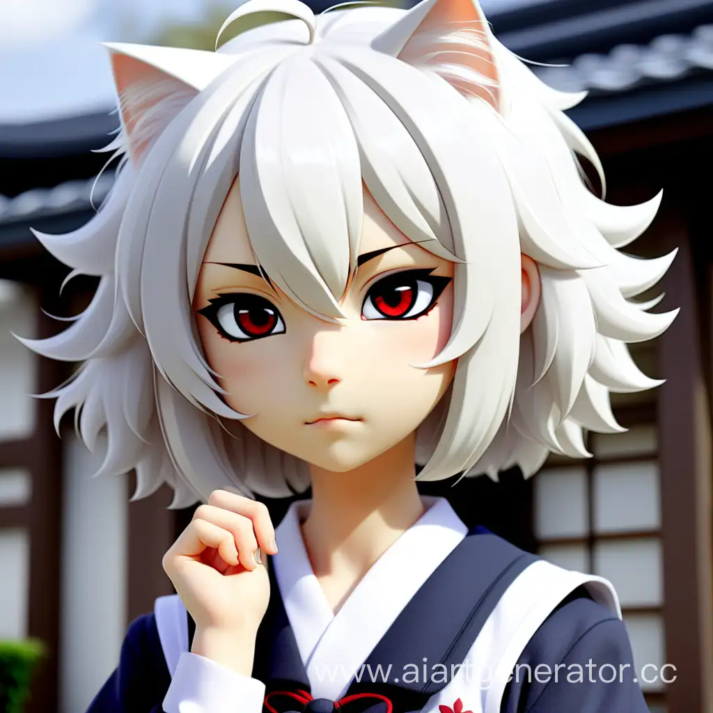 Tsundere-Neko-Girl-in-Japanese-School-Uniform-with-White-Hair