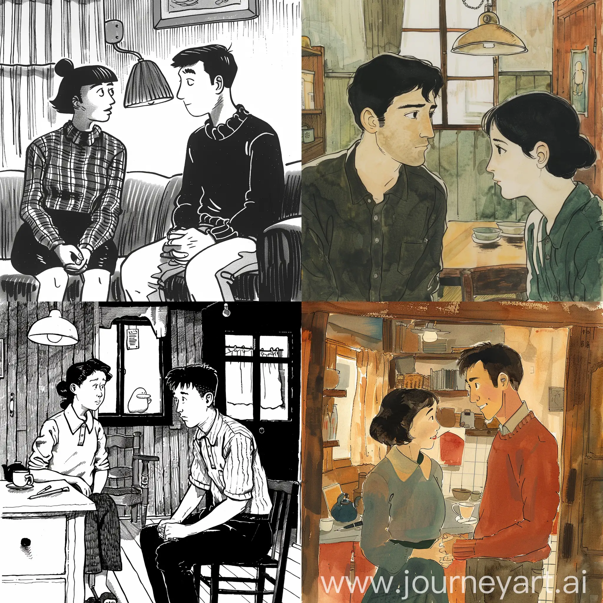 Japanese-Manga-Young-Couples-Conversation-at-Home