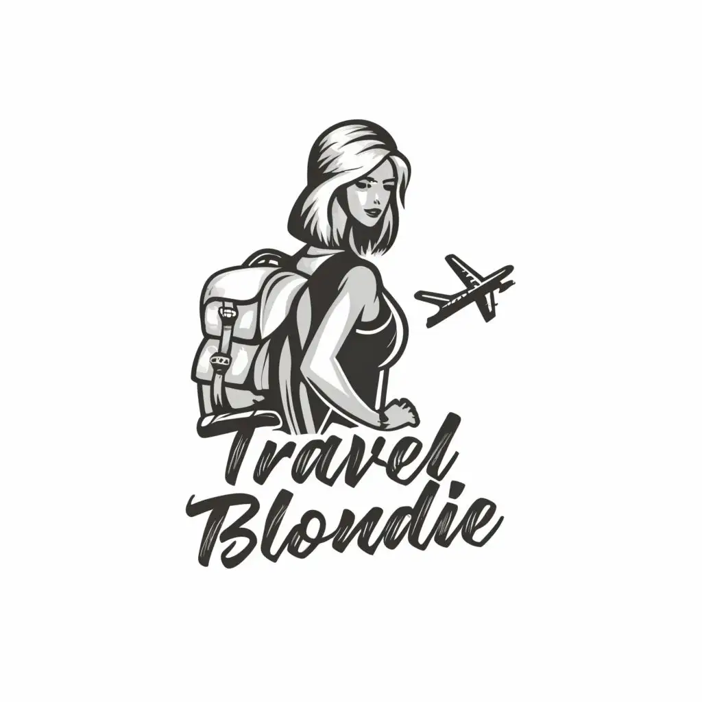 logo, Blonde girl traveling the world with a big backpack, high heels and plane. 
The logo should have an simple and elegant look. black and white, with the text "Travel Blondie", typography, be used in Travel industry