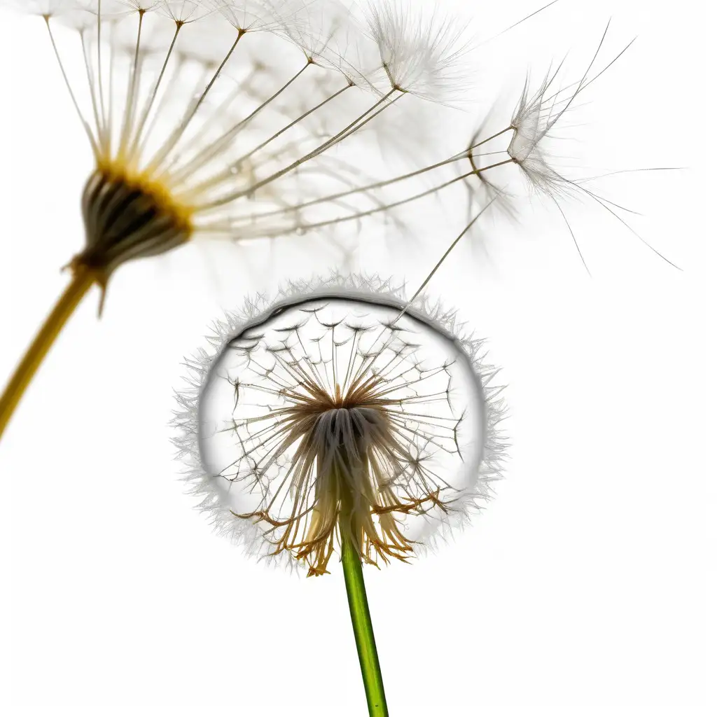 a dew drop being carried by a dandelion seed (one) in the air.  white background




