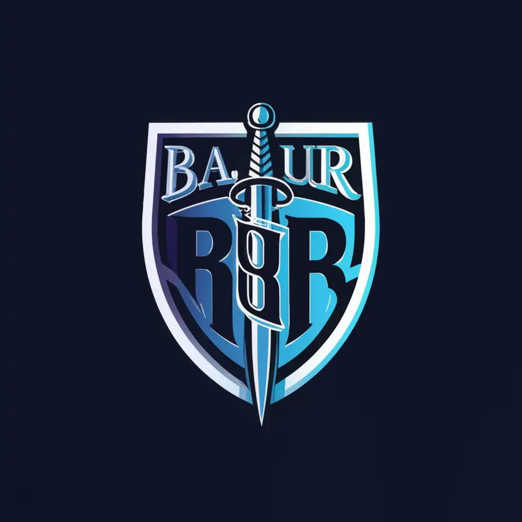 a logo design,with the text "B.a.B.u.R", main symbol:sword and shield,complex,clear background