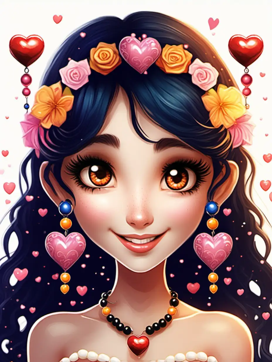 Cheerful Fairy Tale Character with Bright Beaded Hair and Hearts