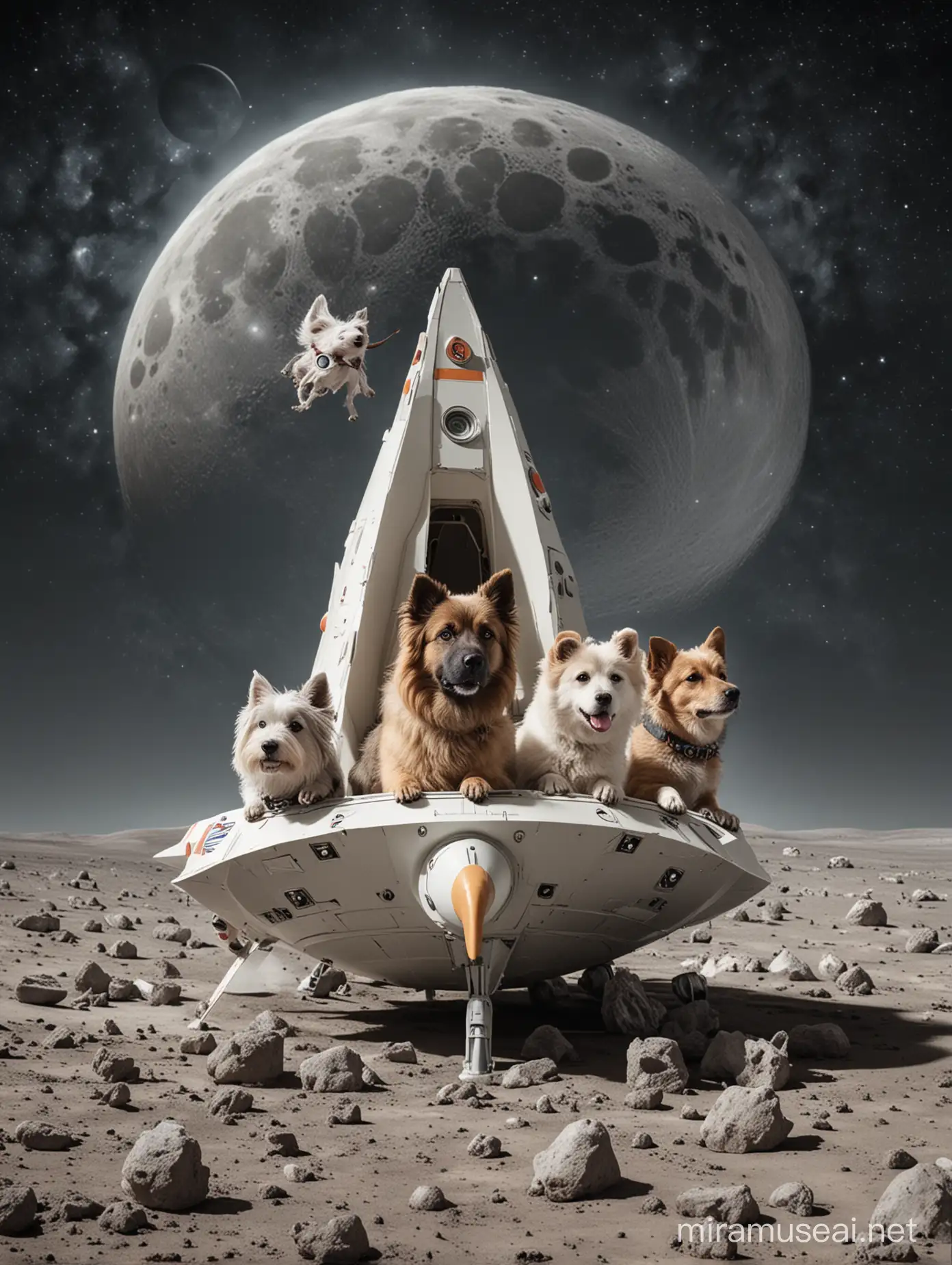 three dogs in moon and a spaceship