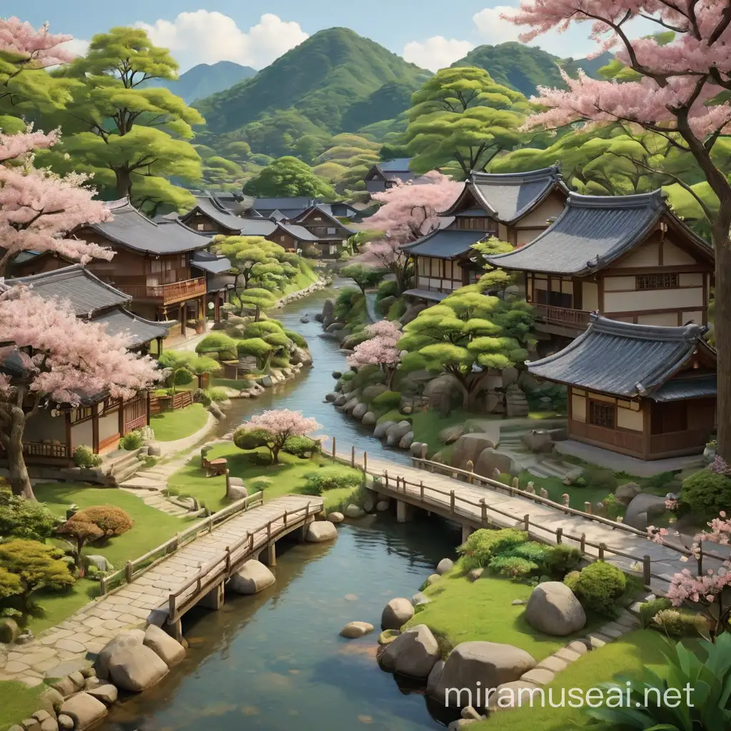 Create a serene 3D village scene with a touch of Japanese charm, keeping the design simple and inviting. Picture a cluster of traditional wooden houses with tiled roofs nestled among rolling hills and lush greenery. Add a tranquil river flowing gently nearby, crossed by a quaint wooden bridge.  Include a central gathering area with a small shrine or stone lantern, surrounded by cherry blossom trees in full bloom. Populate the scene with a few villagers going about their daily activities, perhaps tending to a small garden or chatting with neighbors.  Keep the details minimal, focusing on capturing the essence of rural Japanese life and the peaceful ambiance of the countryside. Let soft lighting and subtle textures add warmth and depth to the scene, inviting viewers to step into this tranquil corner of the world make it stylize and more like cartoon.