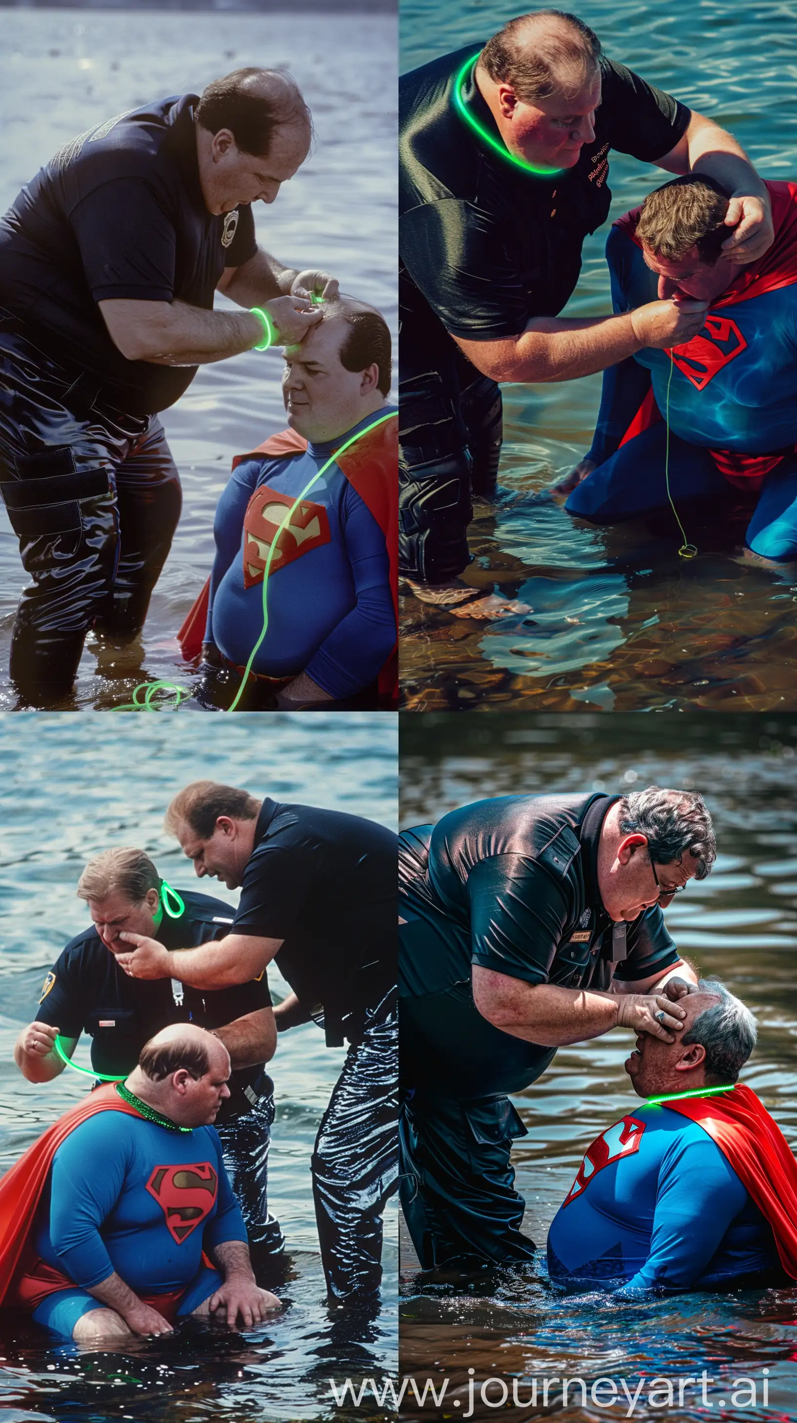 Close-up photo of a fat man aged 60 wearing a silk black security guard battle pants and a tucked in silk black polo shirt. He is bending and putting a tight green glowing neon dog collar on the nape of a fat man aged 60 wearing a tight blue 1978 superman costume with a red cape sitting in the water. River --style raw --ar 9:16