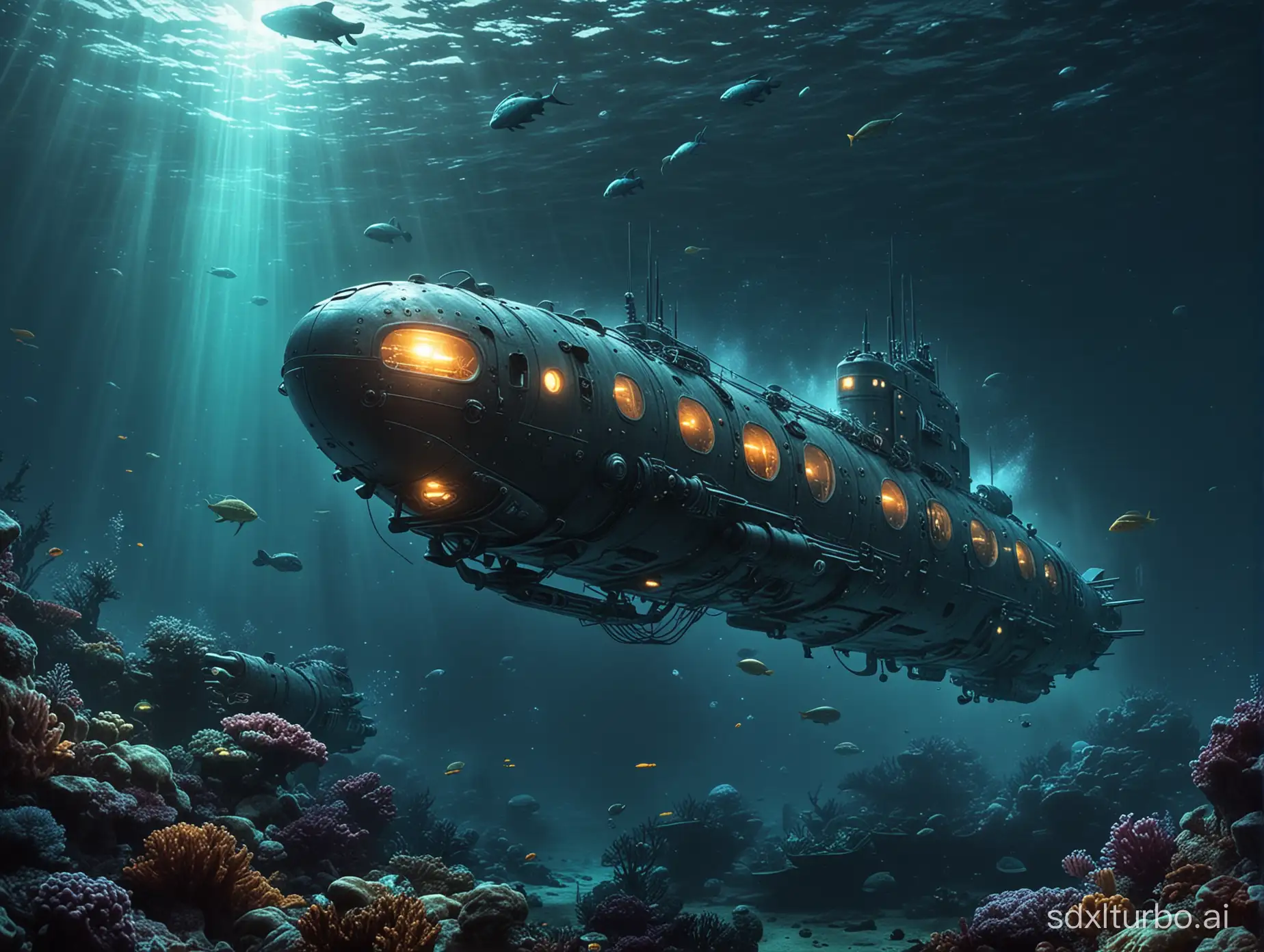 Deep sea submarine illustration science fiction future