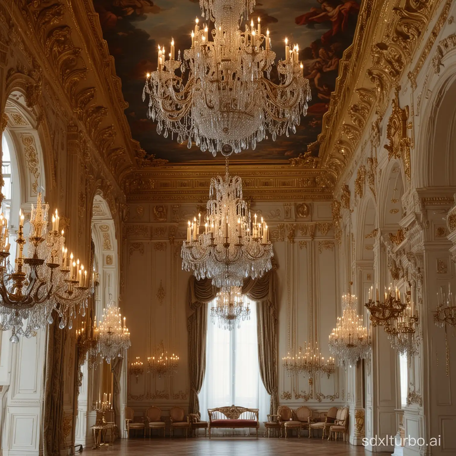 wall view closeup.face-to-face. set in an opulent royal castle interior adorned with chandeliers