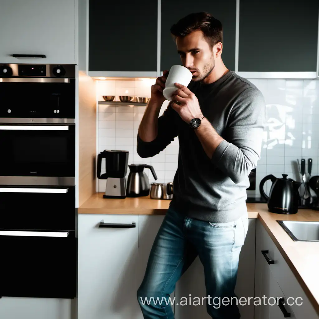 красивый мужчина пьет кофе на фоне кухонного гарнитура в полный рост