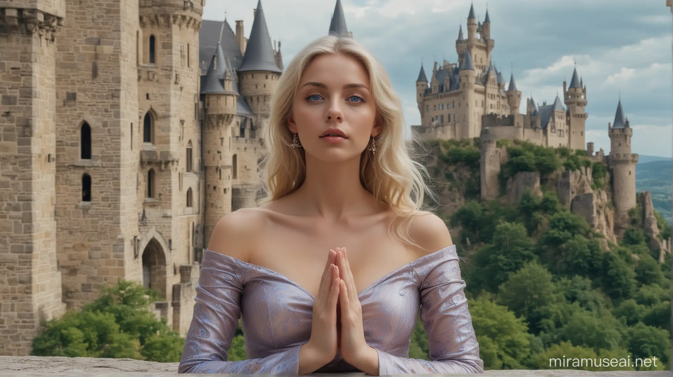 meditating blue eyes blonde lady, castle at the background, with sexy clothes
