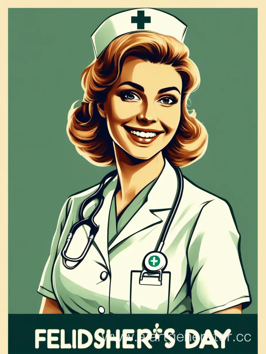 красивая девушка фельдшер, улыбается, находится в врачебном кабинете, снизу надпись "день фельдшера"