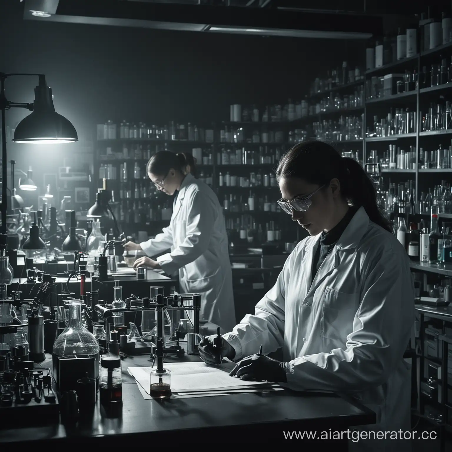 Scientists work in the laboratory, in dark colors