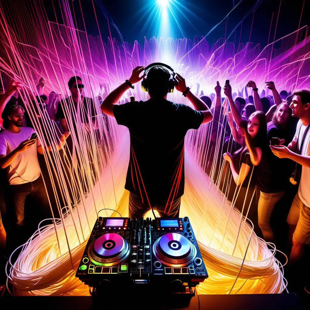 Dj playing music on a party with lasers with a huge crowd of noodles