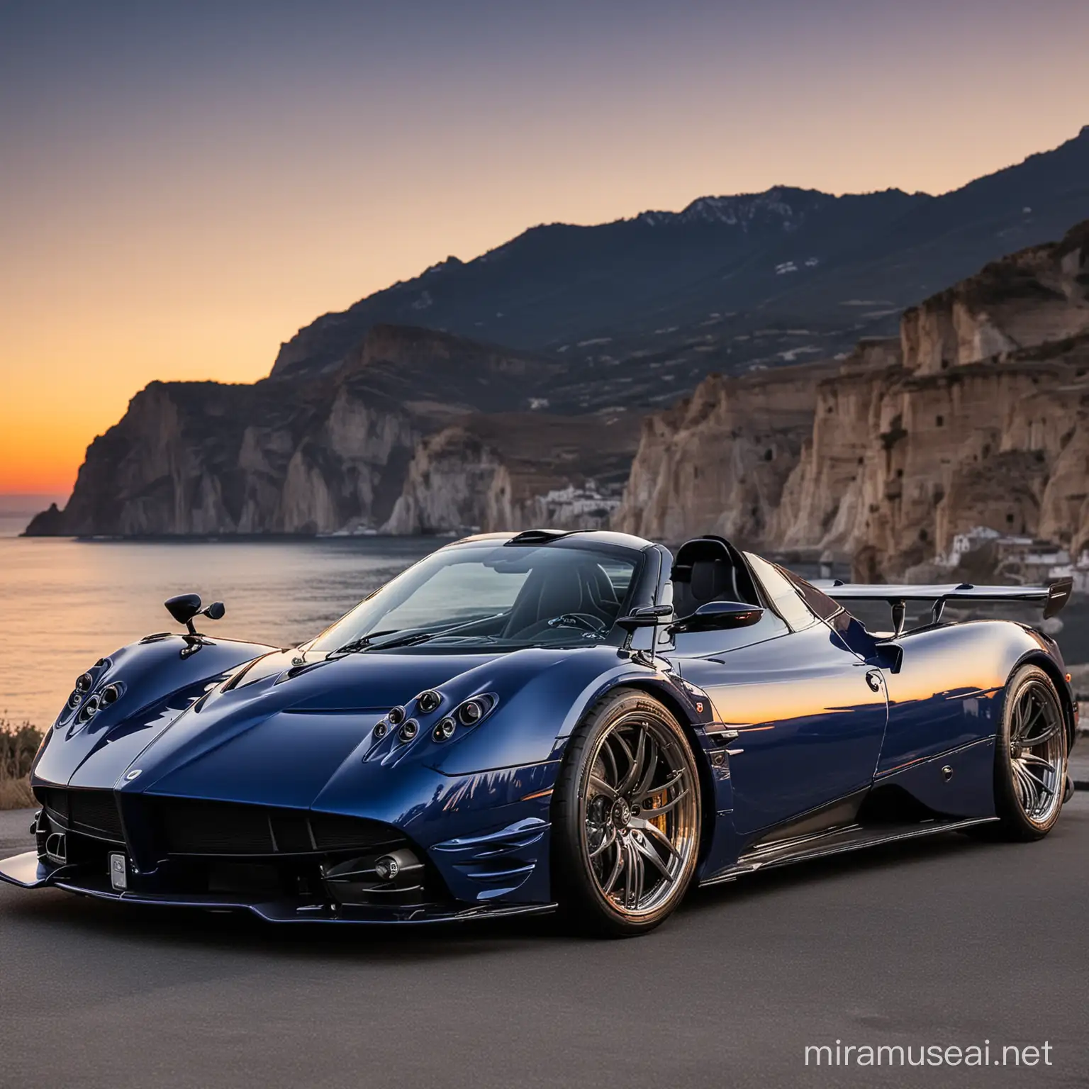 A picture of a Pagani car from the right side, in navy blue and a sunset view