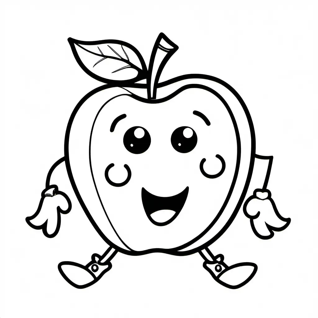 cute apple with eyes and hands and legs , Coloring Page for kids, black and white, line art, white background, Simplicity, Ample White Space. The background of the coloring page is plain white to make it easy for young children to color within the lines. The outlines of all the subjects are easy to distinguish, making it simple for kids to color without too much difficulty, Coloring Page, black and white, line art, white background, Simplicity, Ample White Space. The background of the coloring page is plain white to make it easy for young children to color within the lines. The outlines of all the subjects are easy to distinguish, making it simple for kids to color without too much difficulty