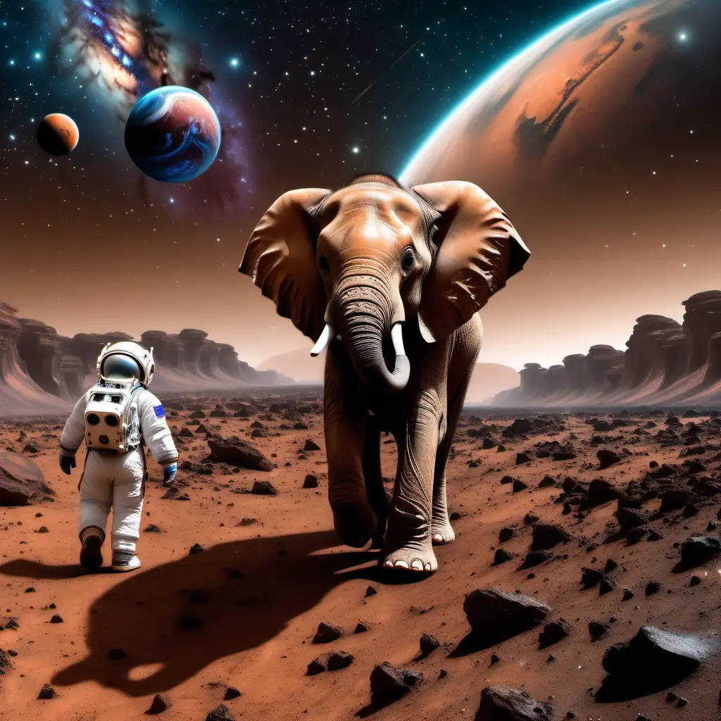 A baby elephant walks alone in the distance on Mars, a galaxy is visible in the sky, in the foreground is an astronaut sitting and looking at the galaxy