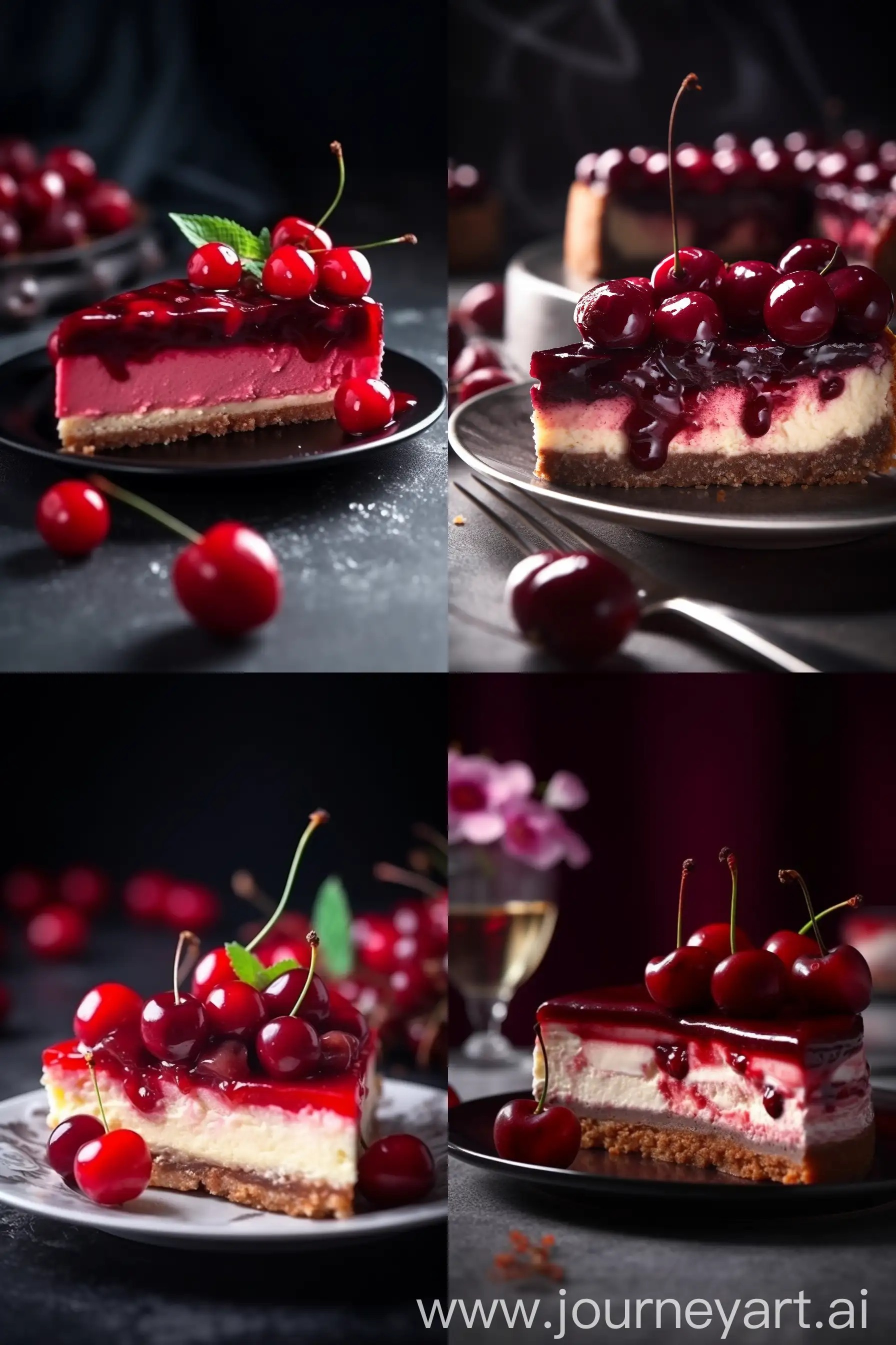 Appetizing slice of cherry cheesecake, professional photography and light, close-up --ar 2:3 --v 5 --q 2
