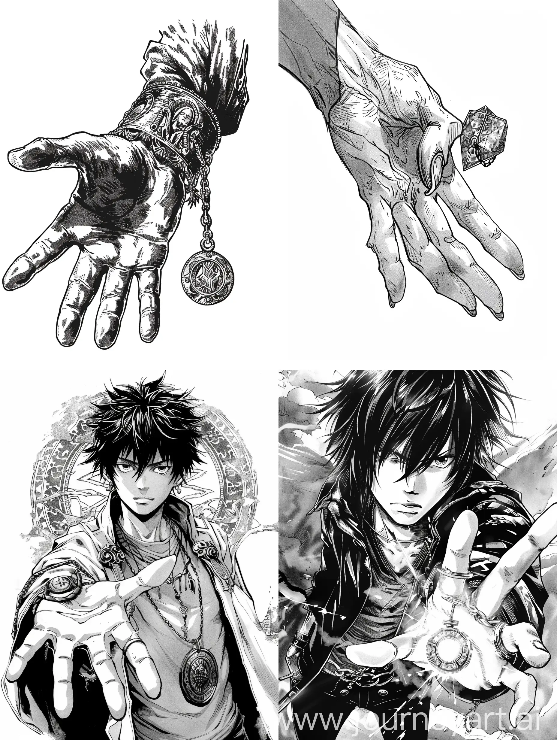 amulet in the left hand, manga style.
