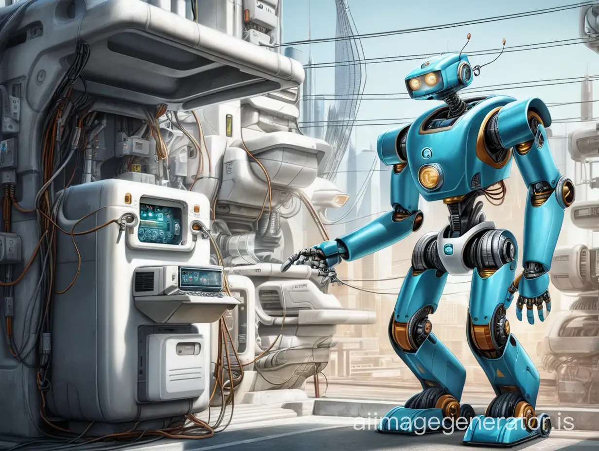 in a Futuristic city, some robots maintaining electrical equipment,