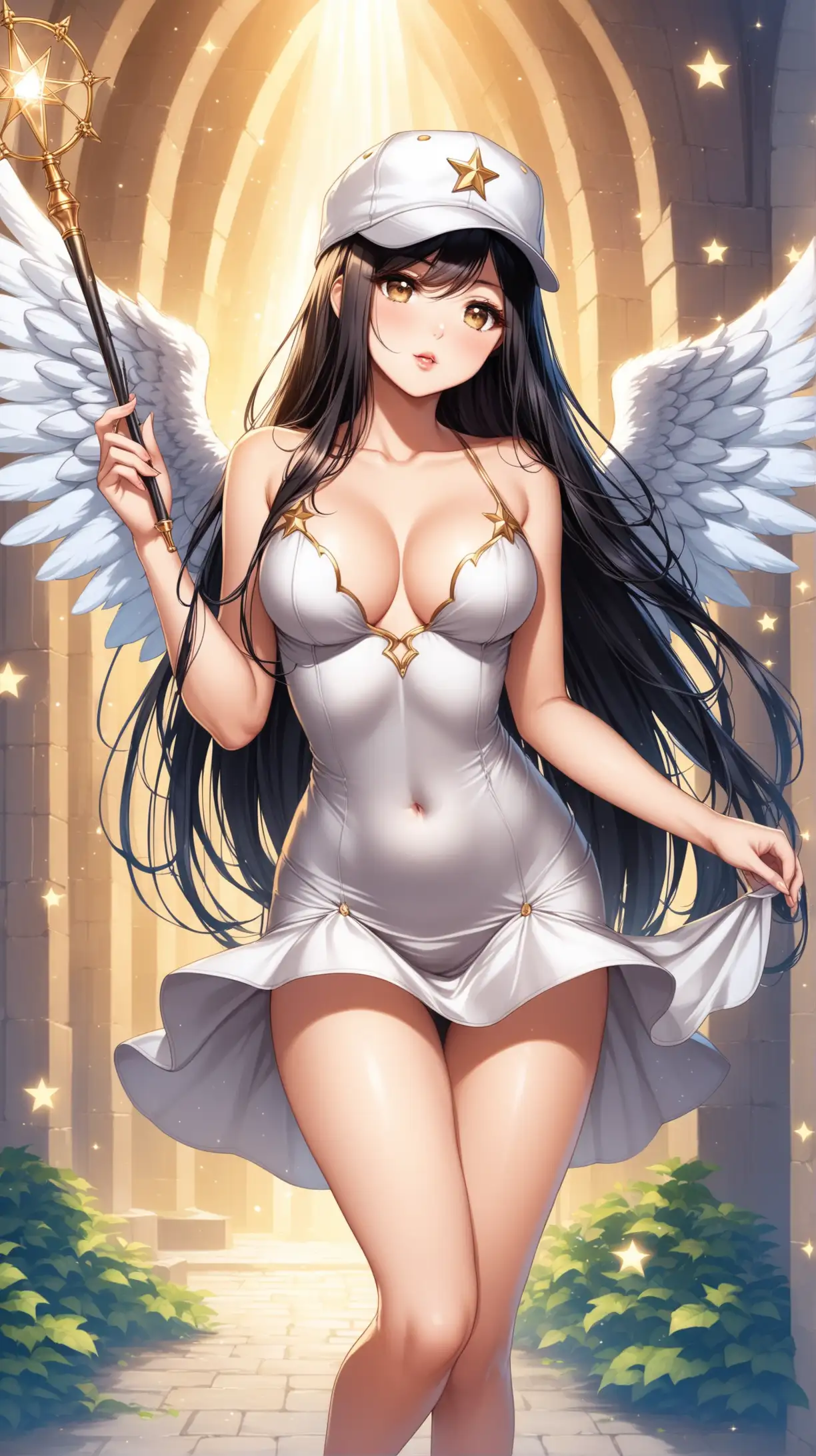 Sexy women wear a cap and carry wand, angel costume, playful, black long hair,light brown eye, grey short sexy dress, fantastic background .