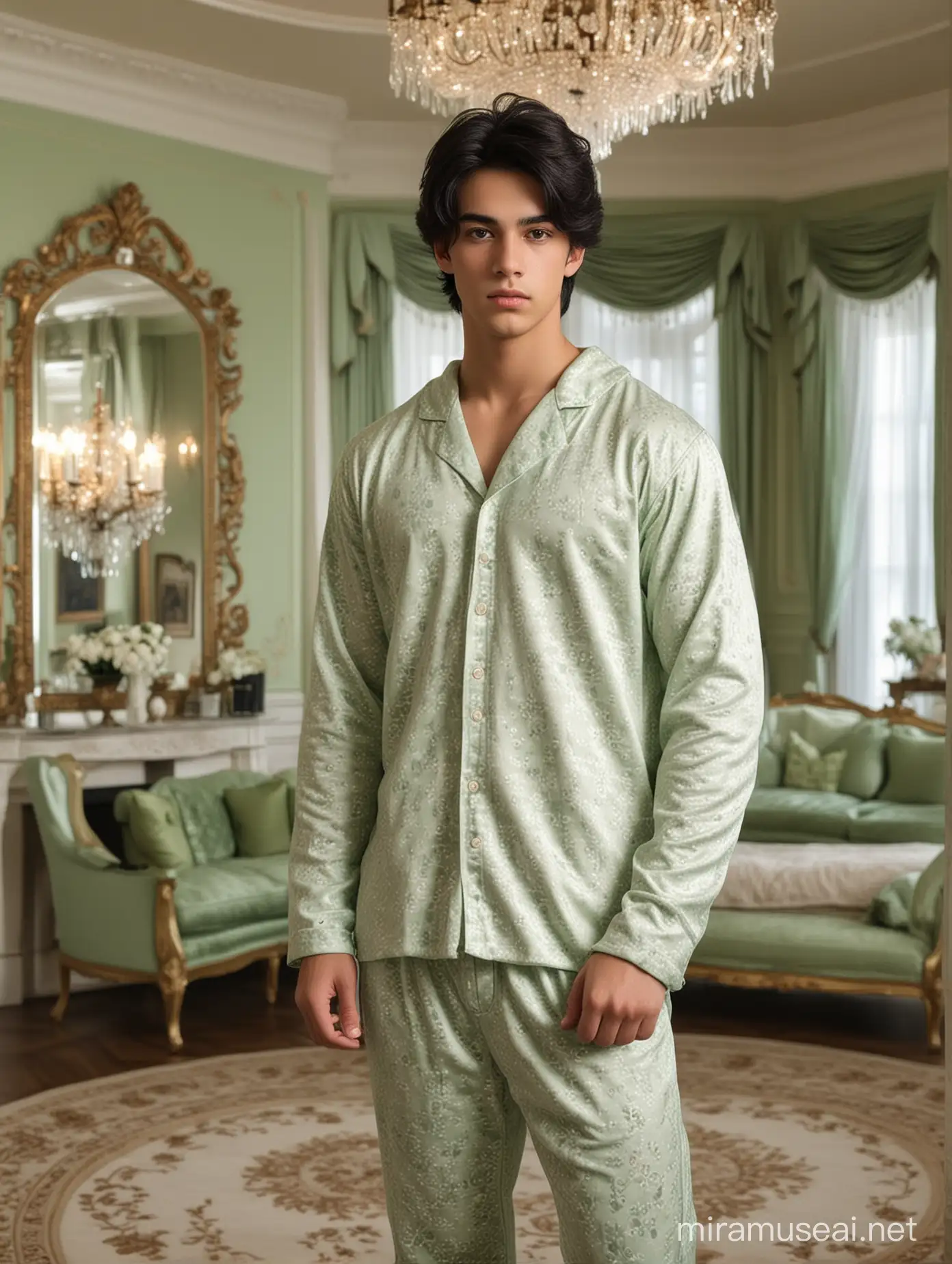 Focused Young Man in Luxurious SageColored Room