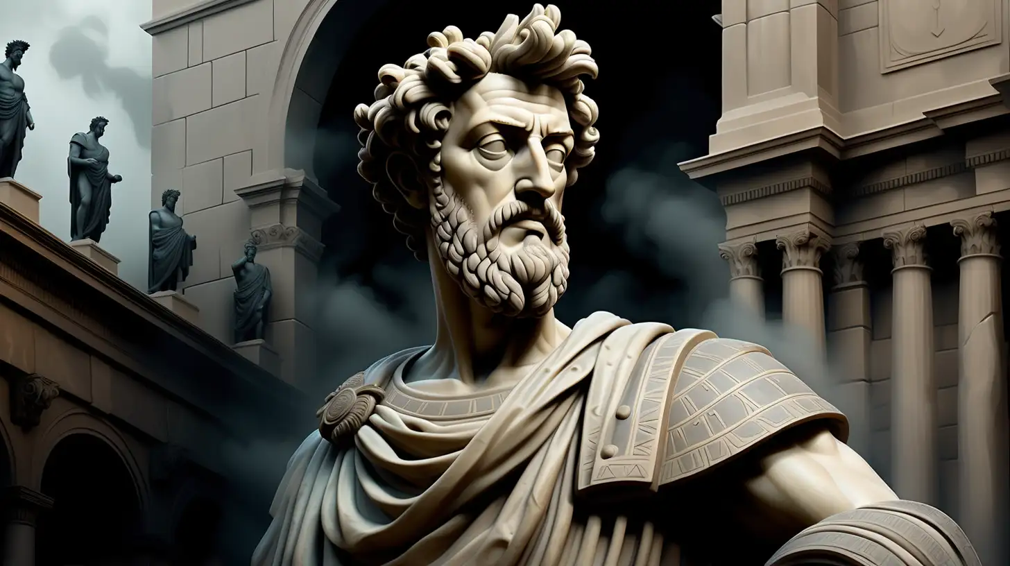 "Create an atmospheric digital painting depicting a half-body statue of Marcus Aurelius outside a dark palace setting. The background should be enveloped in shadows, with a mysterious fog swirling around the statue. Capture the essence of ancient wisdom and stoicism in the dimly lit ambiance, bringing out the details of the statue while maintaining an overall dark and haunting tone.""Create an atmospheric digital painting depicting a half-body statue of Marcus Aurelius outside a dark palace setting. The background should be enveloped in shadows, with a mysterious fog swirling around the statue. Capture the essence of ancient wisdom and stoicism in the dimly lit ambiance, bringing out the details of the statue while maintaining an overall dark and haunting tone."