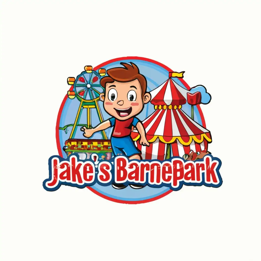 logo, Cartoon kid with funfair rides, with the text "Jakes Barnepark", typography