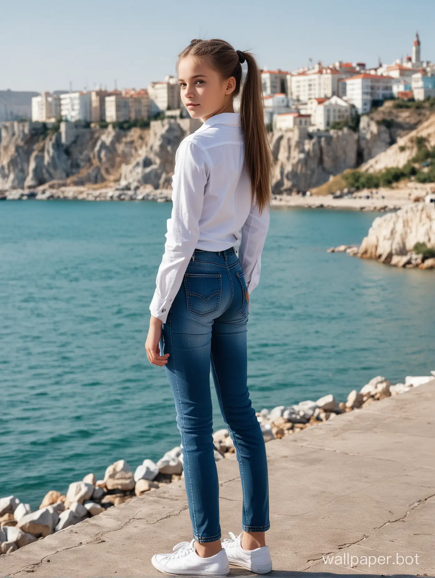 Beautiful Soviet schoolgirl 10 years old with ponytails in Crimea against the background of the sea, full height, dynamic poses, people and buildings in the background, tight jeans, ass, rear view