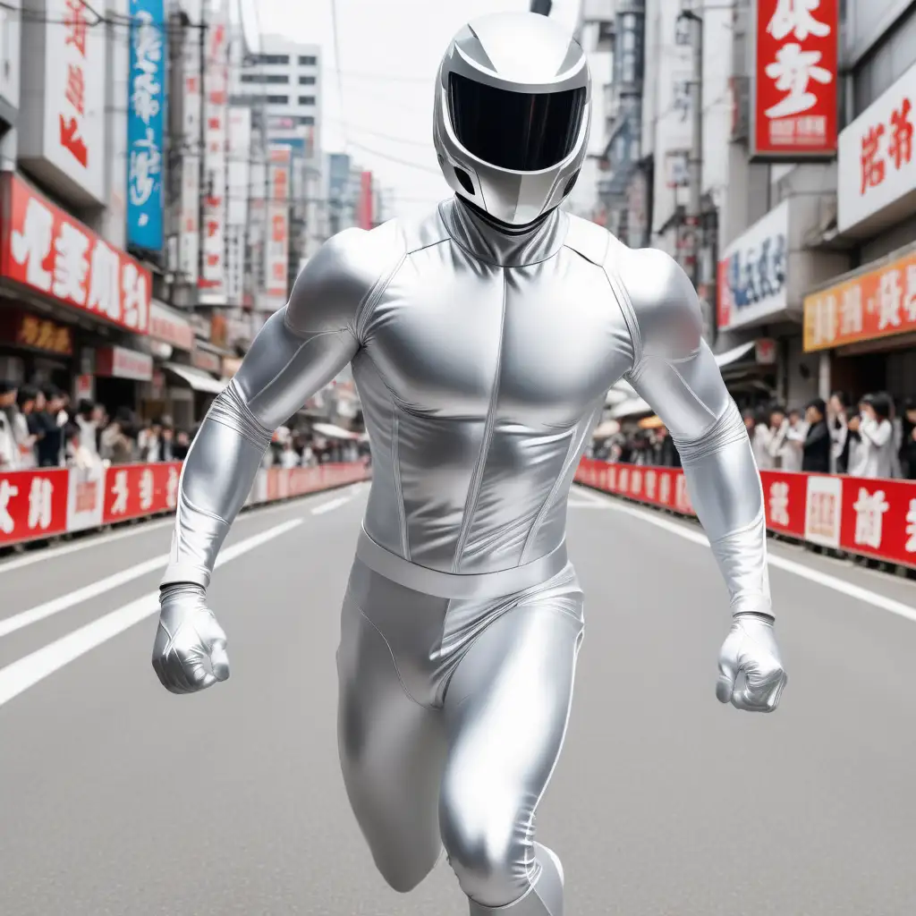 Energetic Silver Sentai Hero in HighSpeed Sprint on Japanese Streets