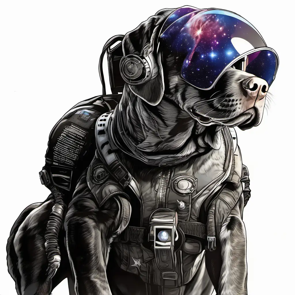Psychedelic Space Adventure Dog in Fighter Pilot Helmet Amidst Galaxies